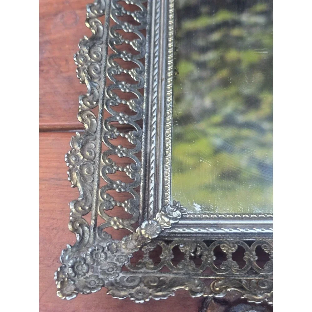 Mirrorred Vanity Tray Hollywood Regency Ornate Gold Tone Filigree 16.5